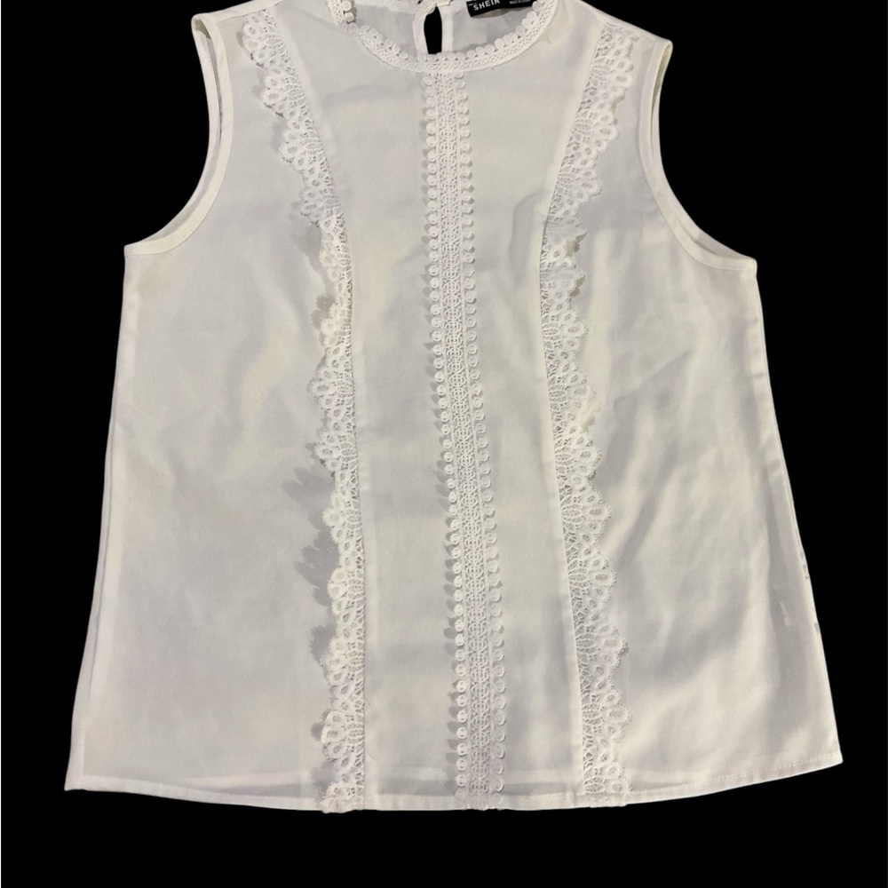 White Shein Sleeveless Mock Neck Lace Trim Keyhole Back Blouse Top Shirt Size S - Picture 1 of 7